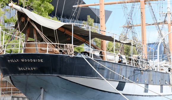 Picture of Polly Woodside, a Belfast-built, three-masted, iron-hulled barque launched in 1885.