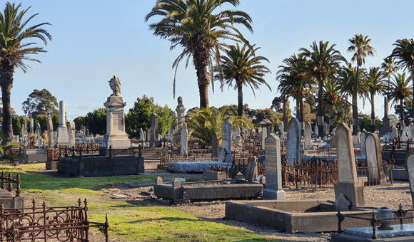 Photo of Williamstown Cemetery showing historic graves, green grass, and a peppering of palm trees