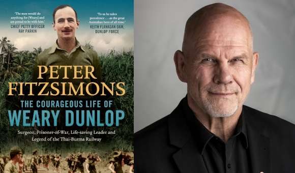 2 images presented in side-by-side. On the left is the book cover, featuring the title, "Wear Dunlop" and a picture of a soldier, and on the right is a photo of Peter Fitzsimons, looking very serious.