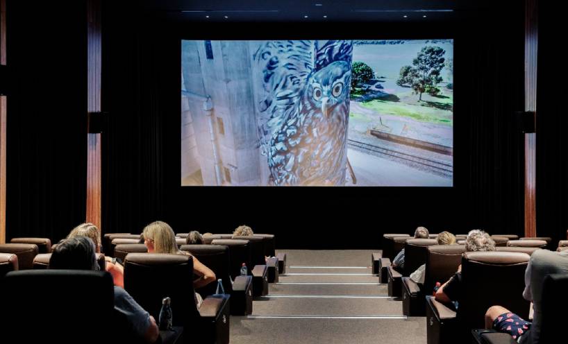 Photo taken from back of cinema, showing rows of seats facing a large screen