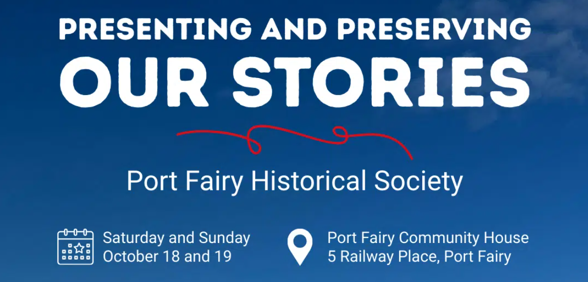 graphic reading, "presenting and preserving our stories" - white text on blue sky.